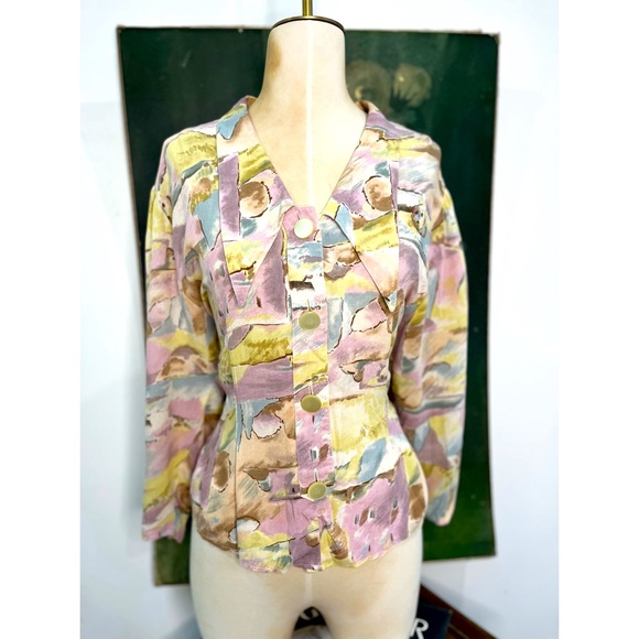 Watercolor Edwardian pink blue 80s  large collar button long sleeve blouse - Picture 3 of 12